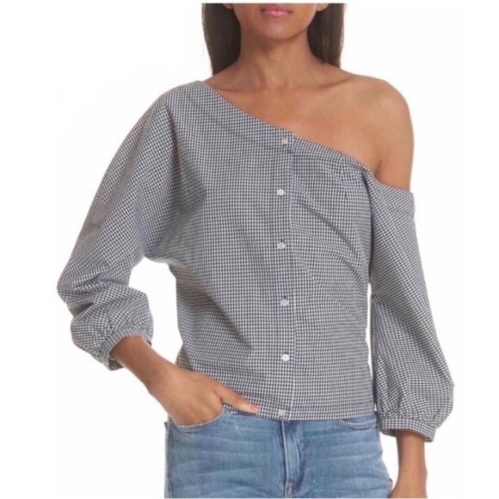 Frame Gingham Print Top Tie Back Off the Shoulder Black White SZ L New $260